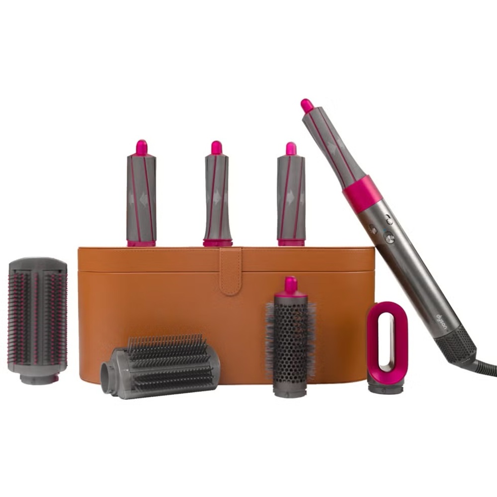Dyson multi-styler set in gray with fuchsia accents and tan case